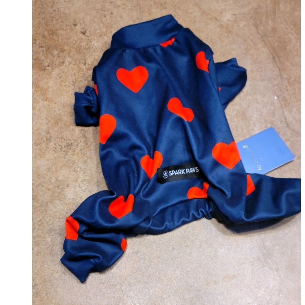 NWT Spark Paws Dog Pajamas Navy Blue Red Heart Print Onesie Size M New With Tags